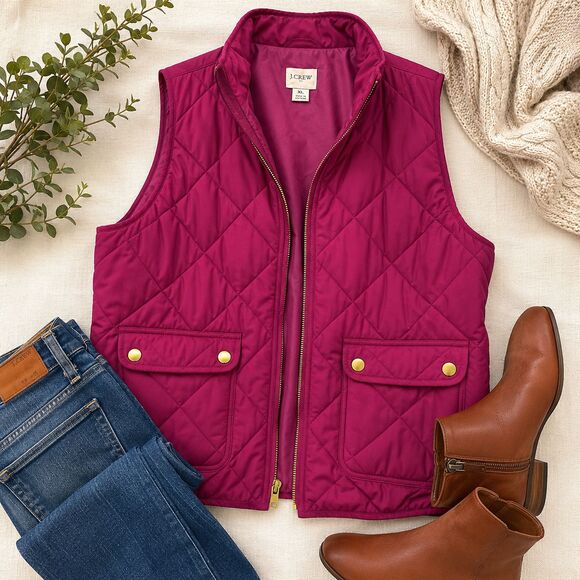 J. Crew Jackets & Blazers - J. Crew Women's Raspberry Colored Quilted Vest Front Pockets Zip Up Size XL